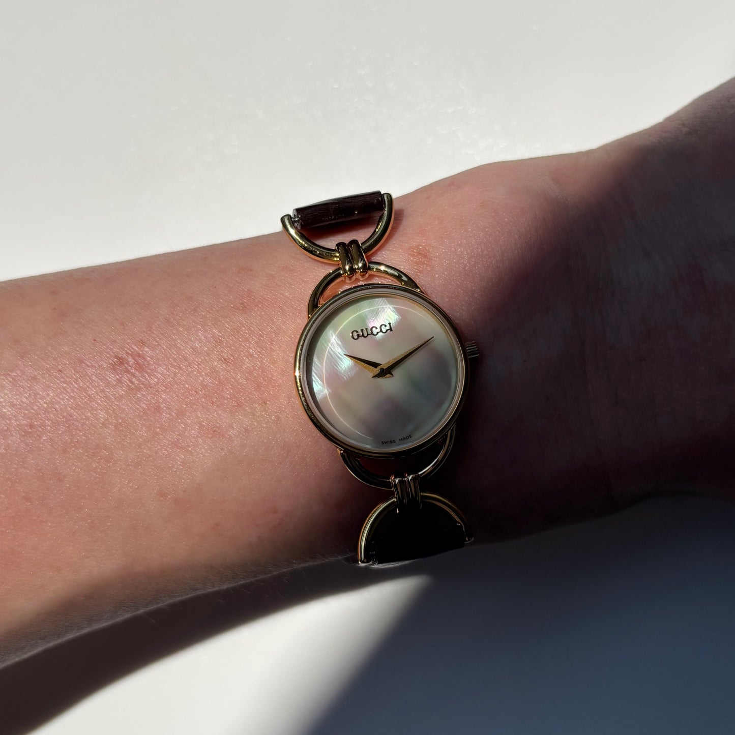 Gucci 1990s Seashell Dial Horsebit Gold Plated Watch