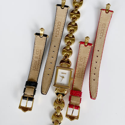 Gucci 1990s Interchangeable Belt Gold Plated Watch with 3 belt straps, case