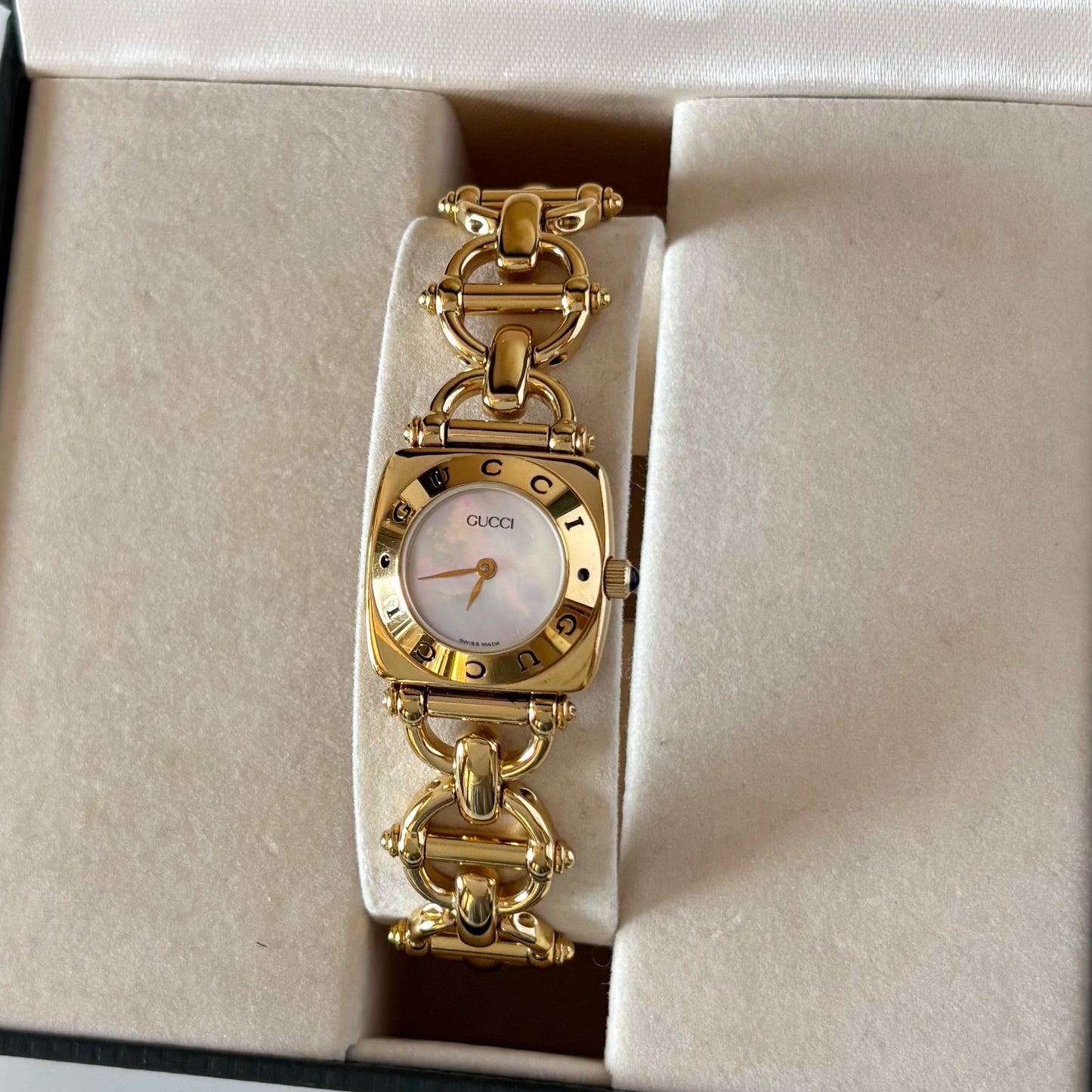 Gucci 1990s Seashell Dial Horsebit Gold Plated Watch