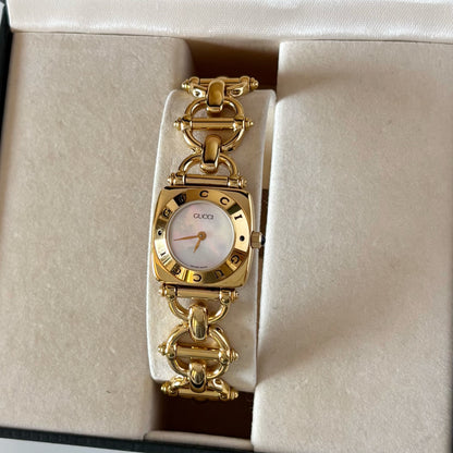 Gucci 1990s Seashell Dial Horsebit Gold Plated Watch
