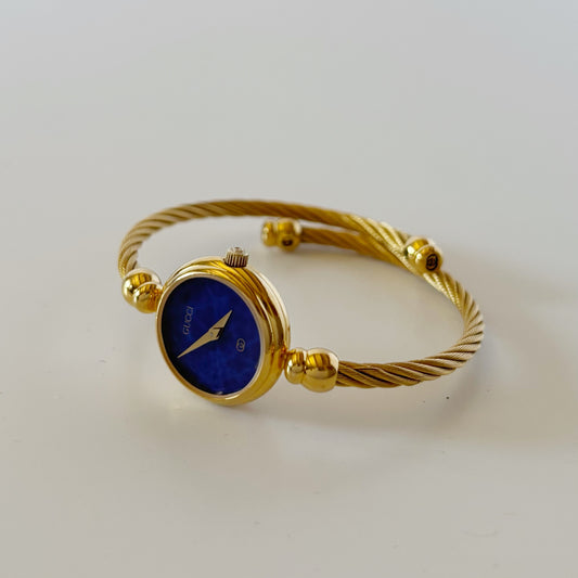 Gucci 1990s Blue Dial Gold Plated Cable Bangle Watch