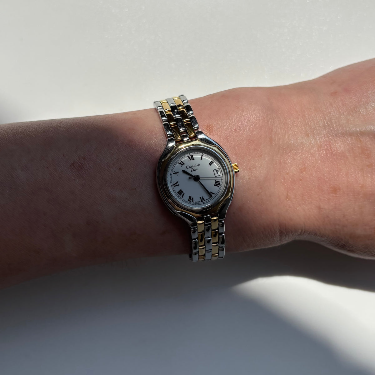 Dior 1990s Date Round Dial Gold Plated Two Tone Watch
