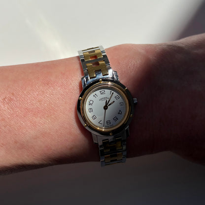 Hermes 1990s Clipper Date Round Dial Two Tone Gold Plated Watch