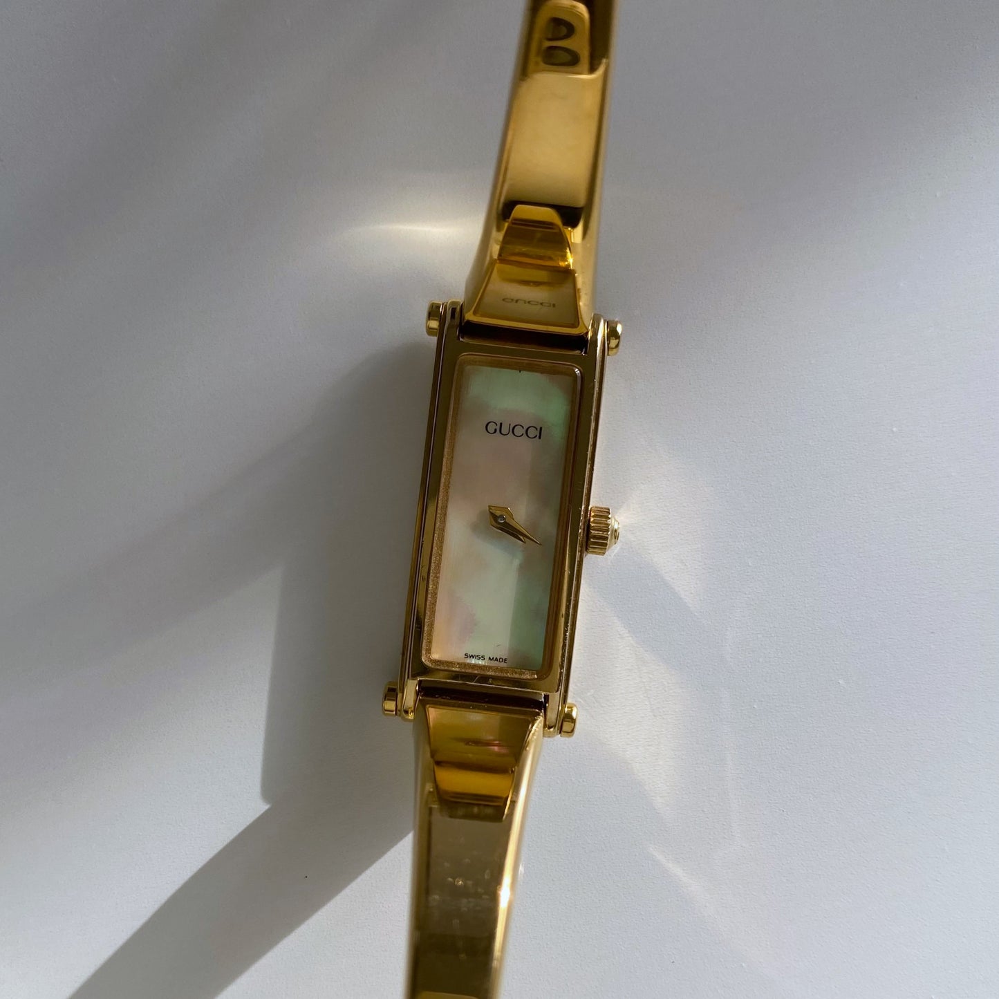 Gucci 1990s Seashell Dial Rectangular Gold Plated  Bangle Watch