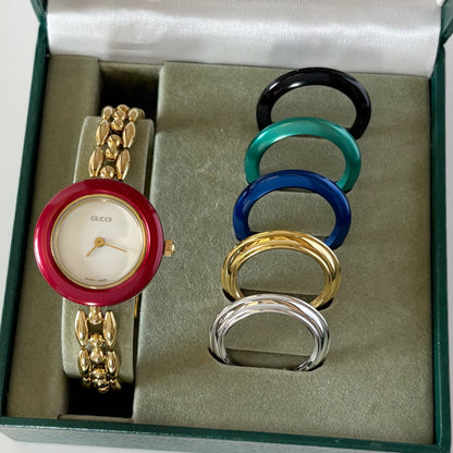 Gucci 1990s Interchangeable Bezel Gold Plated Rice Chain Watch with case, 6 bezels (160mm)