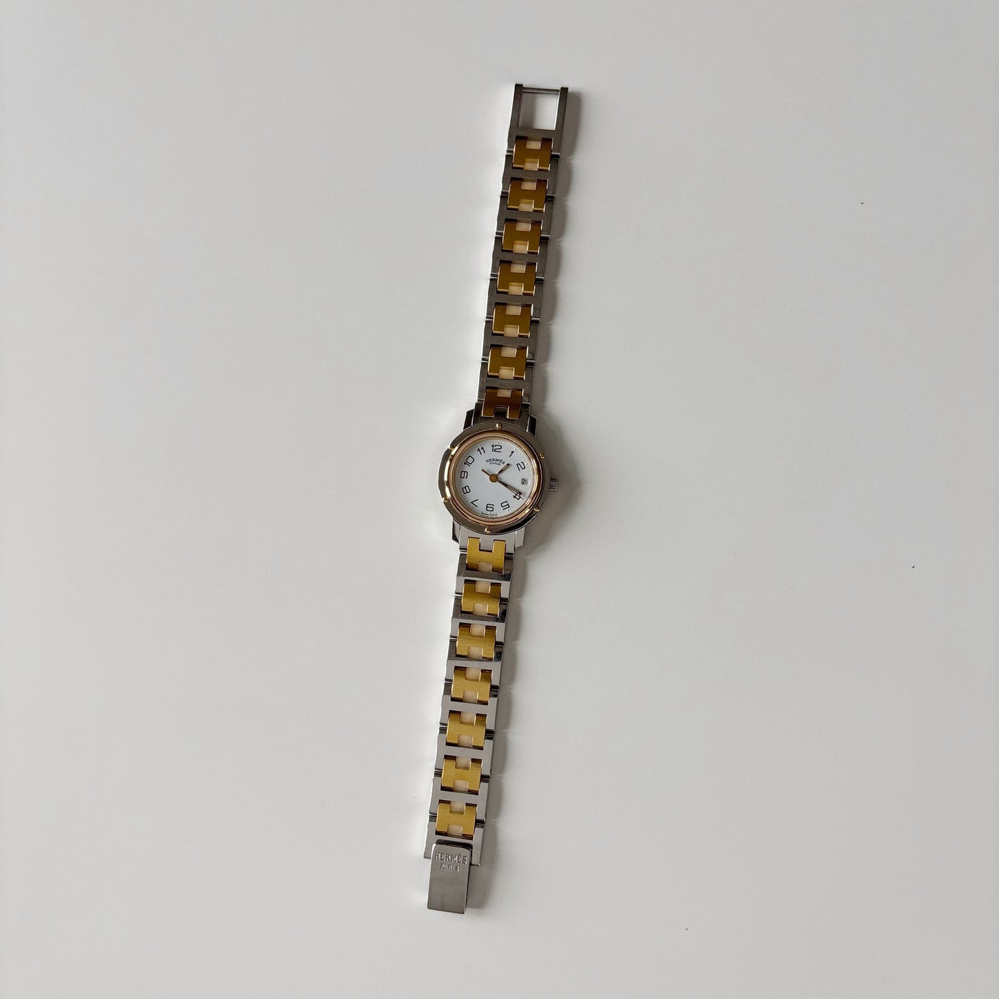 Hermes 1990s Clipper Date Round Dial Two Tone Gold Plated Watch