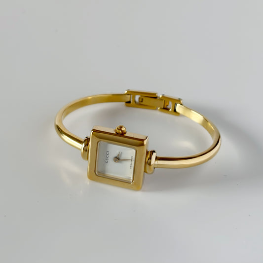 Gucci 1990s Square Dial Gold Plated Bangle Watch
