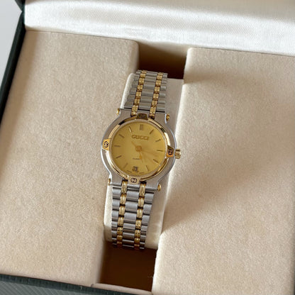 Gucci 1990s Date Round Dial Gold Plated Two Tone Watch