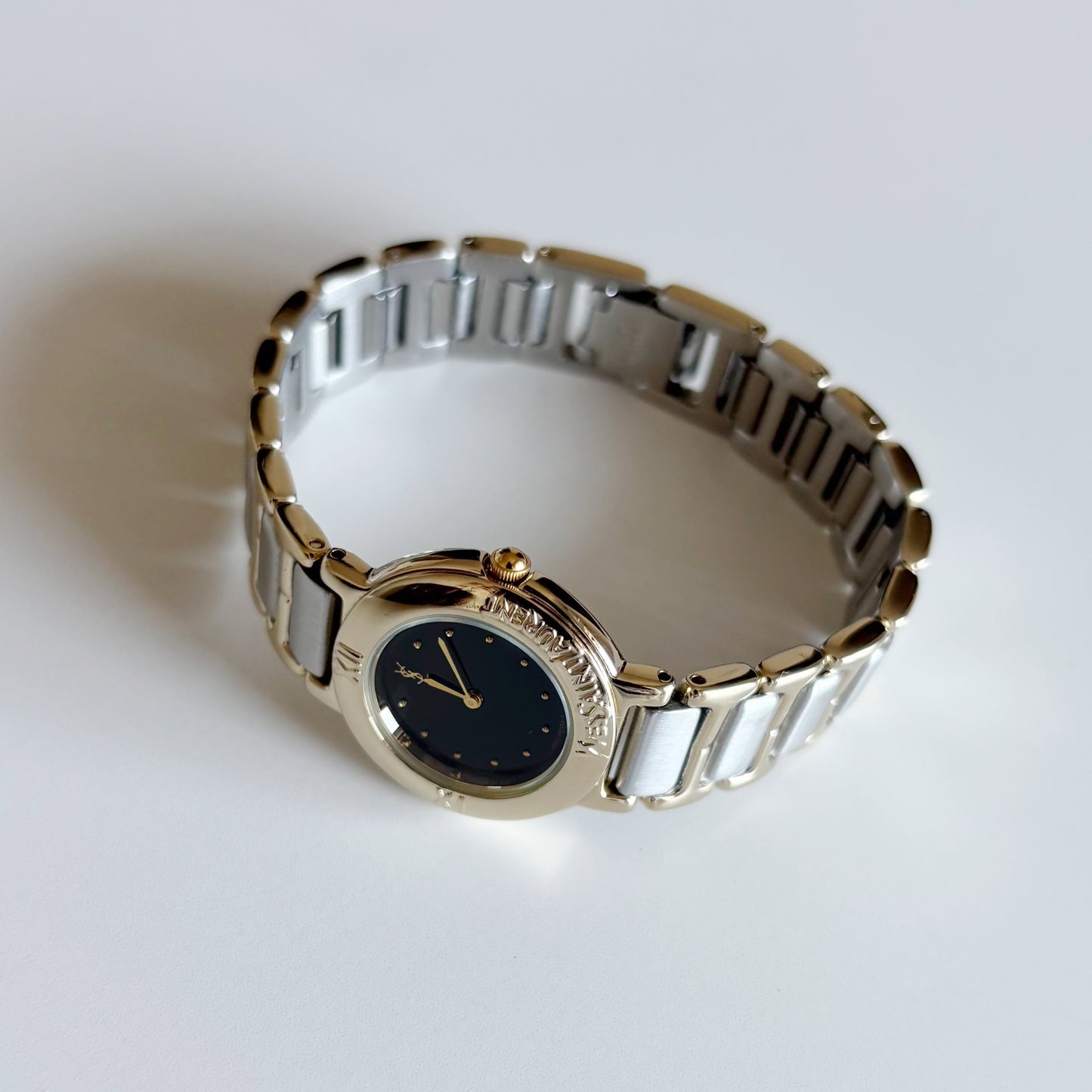 Yves Saint Laurent 1990s Black Round Dial Two Tone Watch