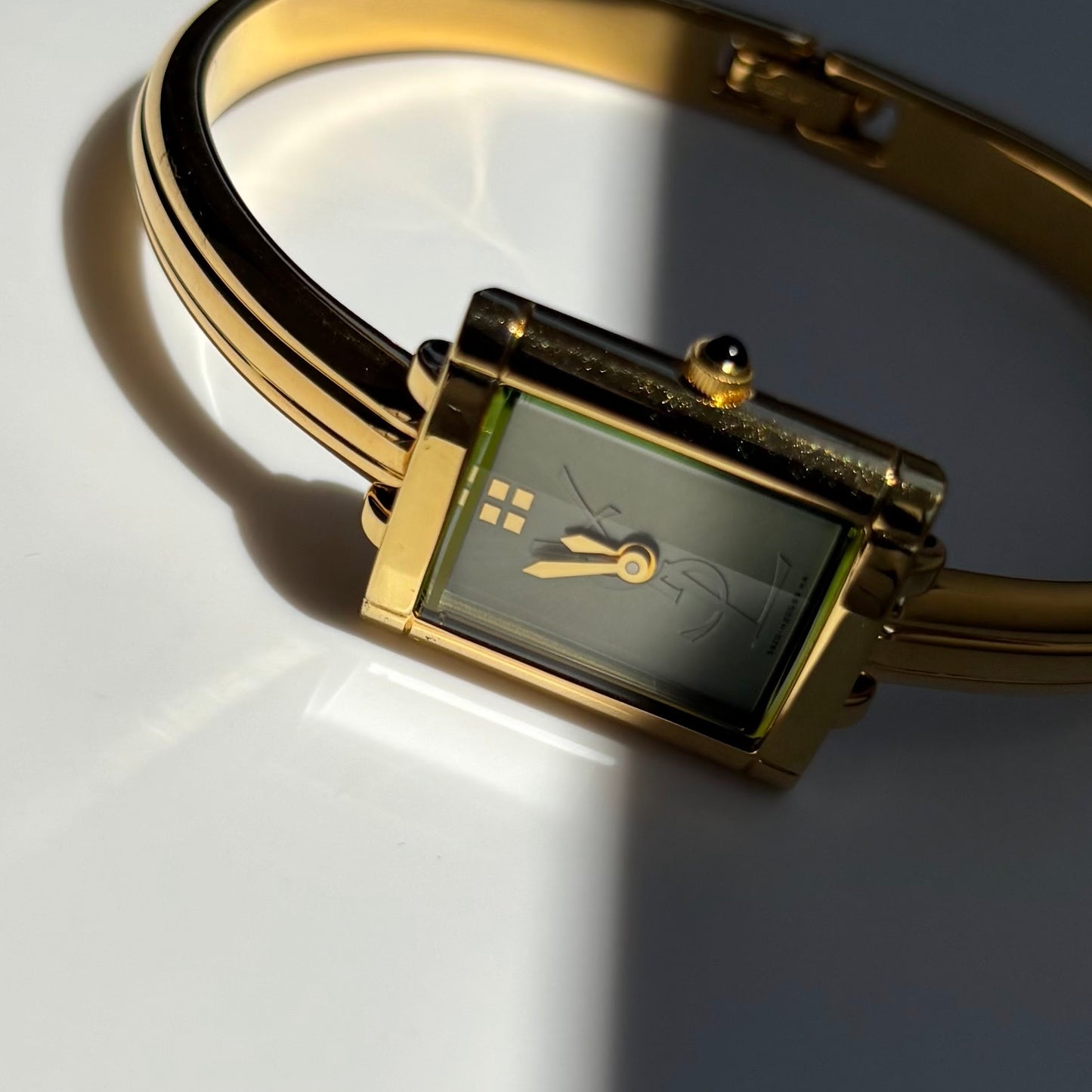 Yves Saint Laurent 1990s Green Dial Gold Plated Bangle Watch