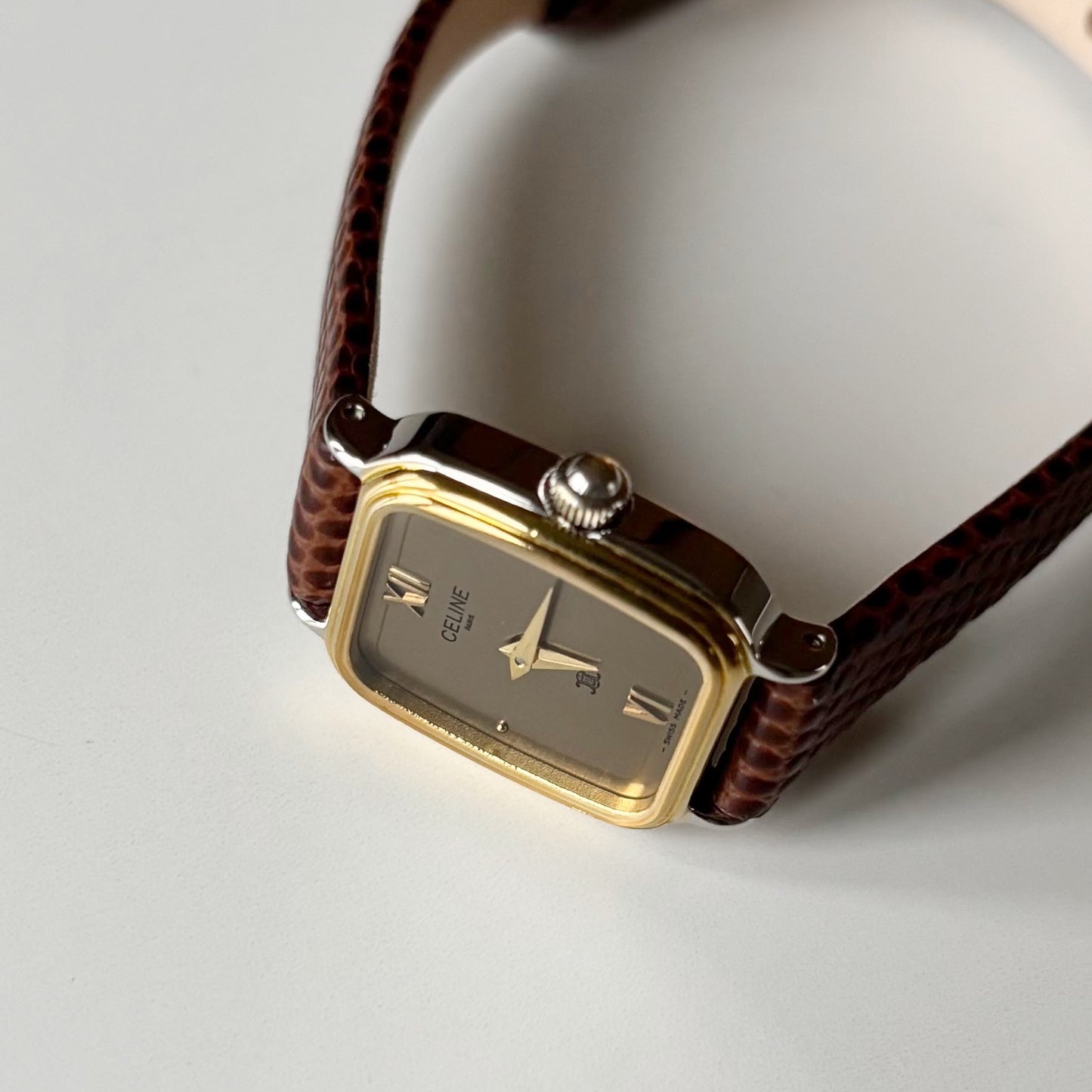 Celine 1980s Rectangular Dial Two Tone Watch