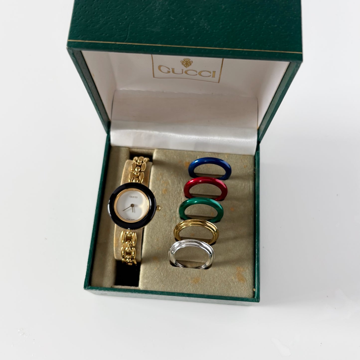 Gucci 1990s Interchangeable Bezel Gold Plated Rice Chain Watch with 6 bezels, case (160mm)
