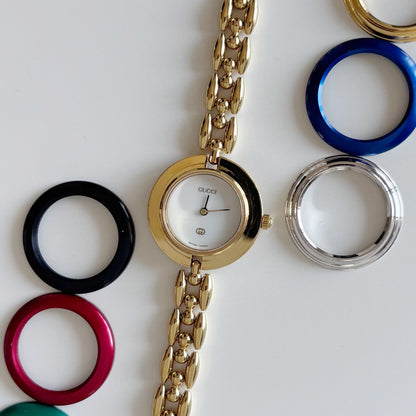 Gucci 1990s Interchangeable Bezel Gold Plated Rice Chain Watch with 6 bezels, case (160mm)