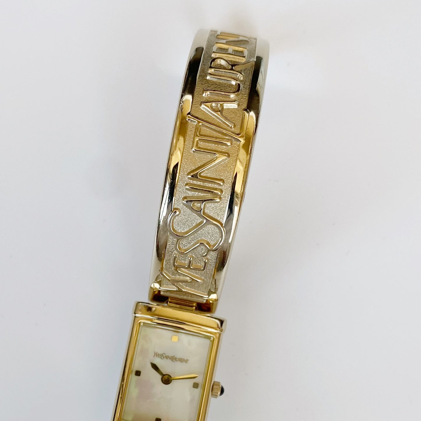 Yves Saint Laurent 1990s Seashell Dial Gold Plated Bangle Watch