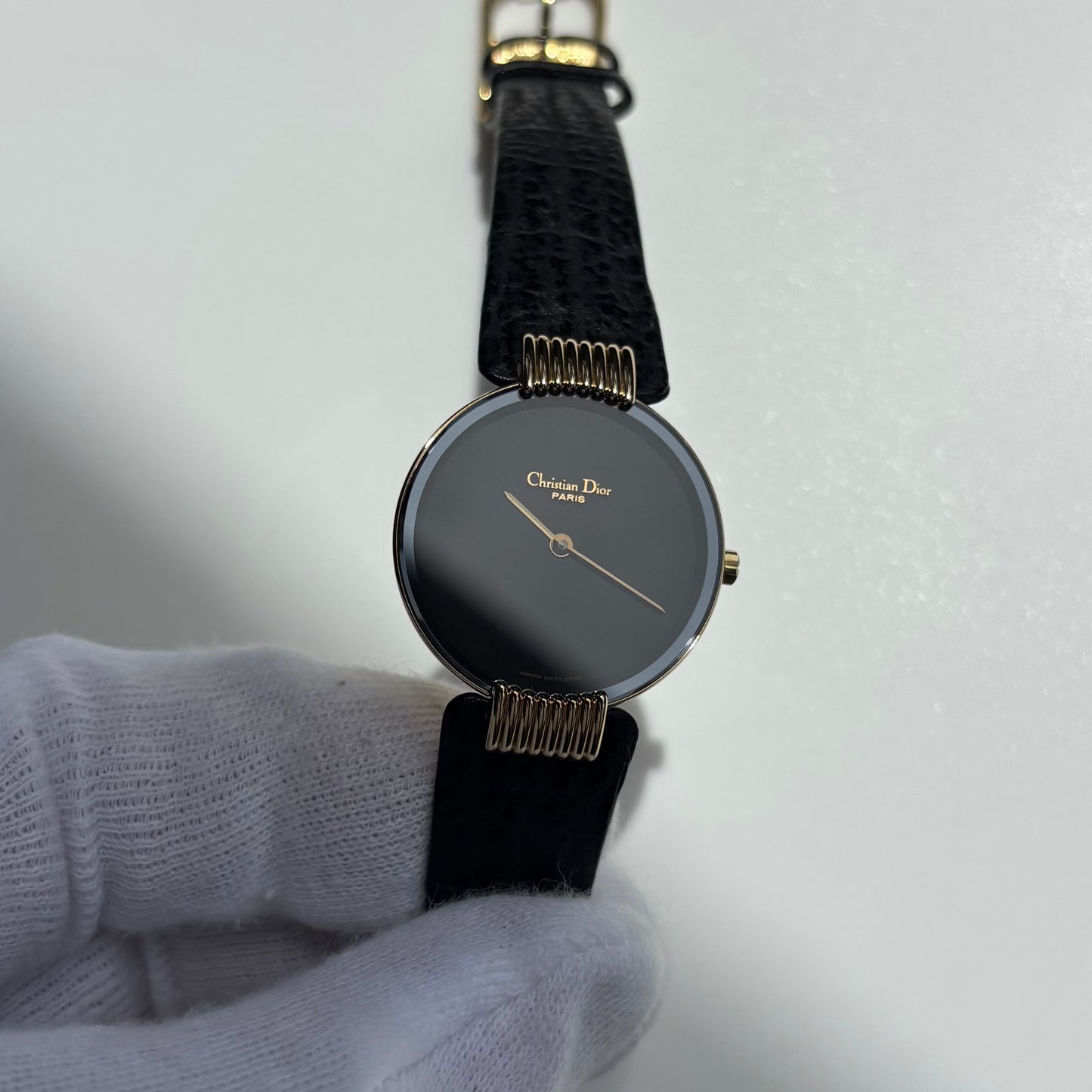 Dior 1990s Black Round Dial Gold Plated Watch