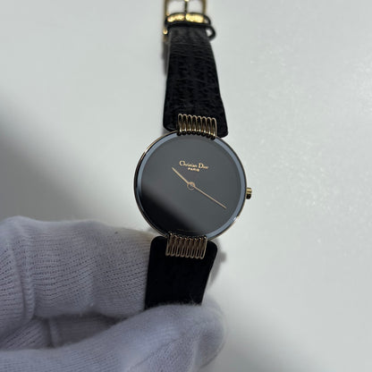 Dior 1990s Black Round Dial Gold Plated Watch