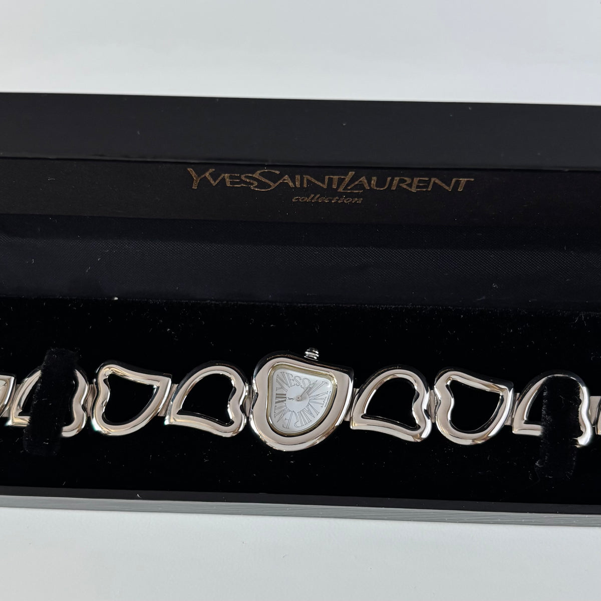 Yves Saint Laurent 1990s Heart Shaped Dial Band Silver Watch
