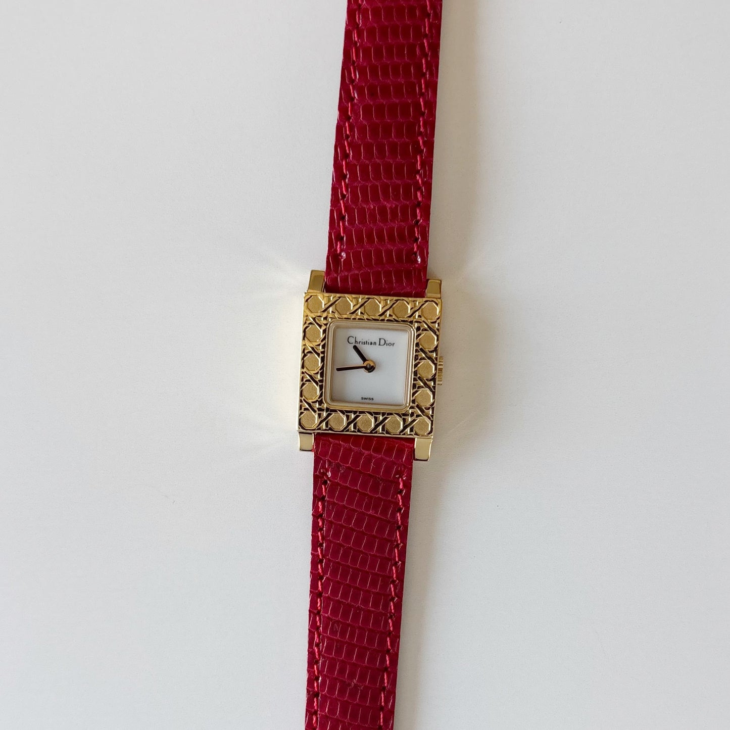 Dior 1990s La Parisienne Interchangeable Strap Square Dial Gold Plated Watch with 3 straps, case