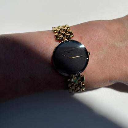 Dior 1990s Bagheera Round Black Dial Gold Plated Watch
