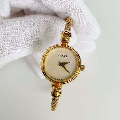 Gucci 1990s Seashell Dial Gold Plated Cable Bangle Watch