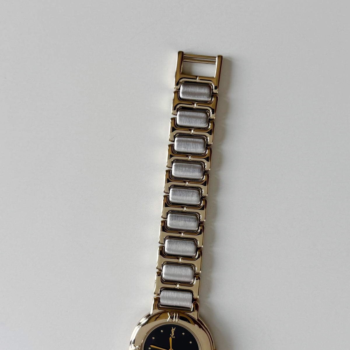 Yves Saint Laurent 1990s Black Round Dial Two Tone Gold Plated Watch