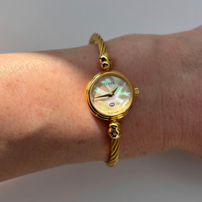 Gucci 1990s Seashell Dial Cable Gold Plated Bangle Watch