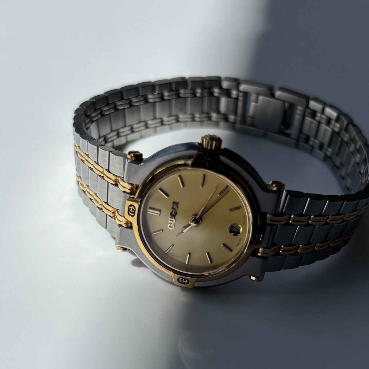 Gucci 1990s Date Round Dial Two Tone Gold Plated Watch