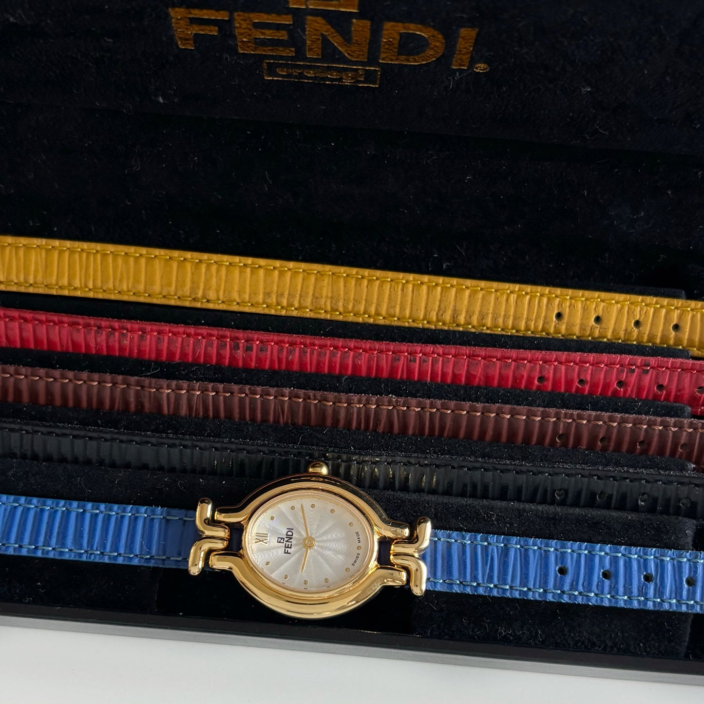 Fendi 1990s Interchangeable Strap Oval Dial Gold Plated Watch with 5 straps, case