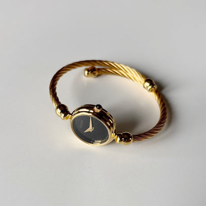 Gucci 1990s Black Dial Gold Plated Cable Bangle Watch