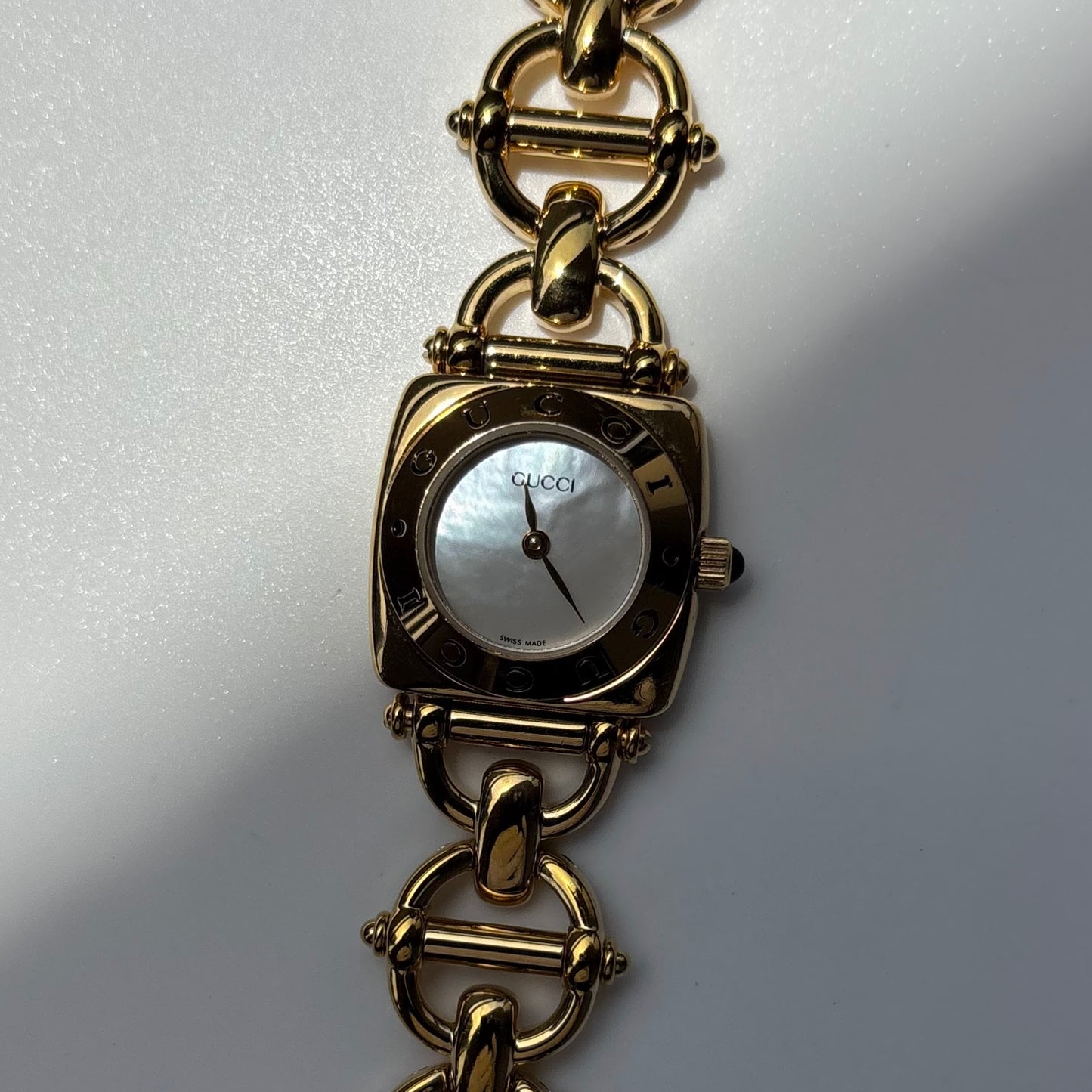 Gucci 1990s Seashell Dial Horsebit Gold Plated Watch