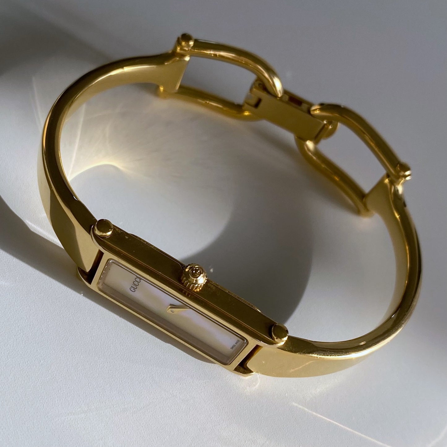 Gucci 1990s Seashell Dial Rectangular Gold Plated  Bangle Watch