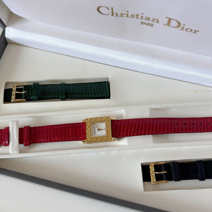Dior 1990s La Parisienne Interchangeable Strap Square Dial Gold Plated Watch with 3 straps, case