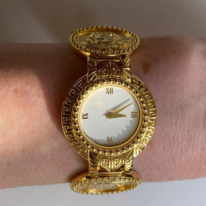 Gianni Versace 1990s Signature 18K Gold Plated Coin Watch