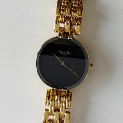 Dior 1990s Bagheera Round Black Dial Gold Plated Watch