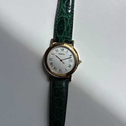 Gucci 1990s Date Round Green Dial Gold-Plated Watch (Large)