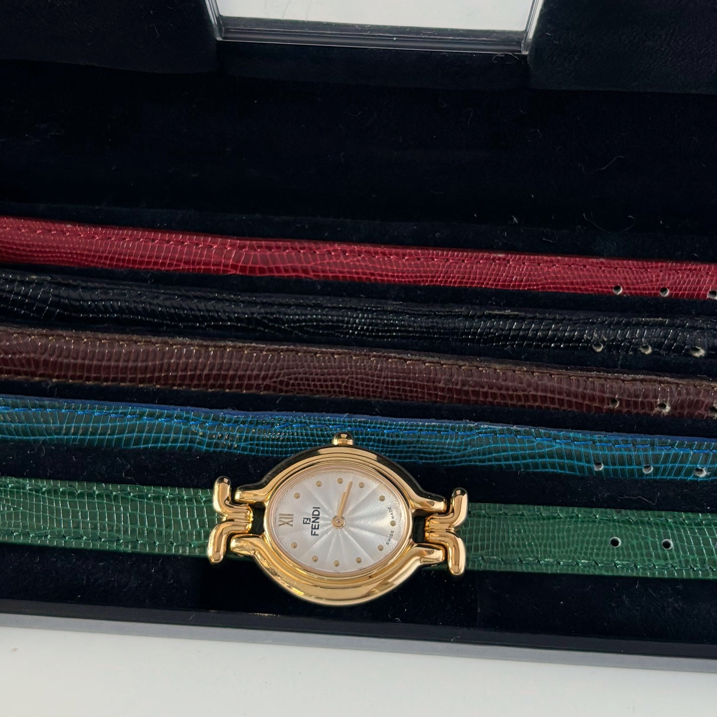 Fendi 1990s Interchangeable Belt Gold Plated Watch with 5 belts, case