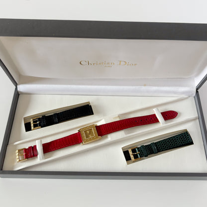 Dior 1990s Square Dial Interchangeable strap Gold Plated Watch with 3 straps, case