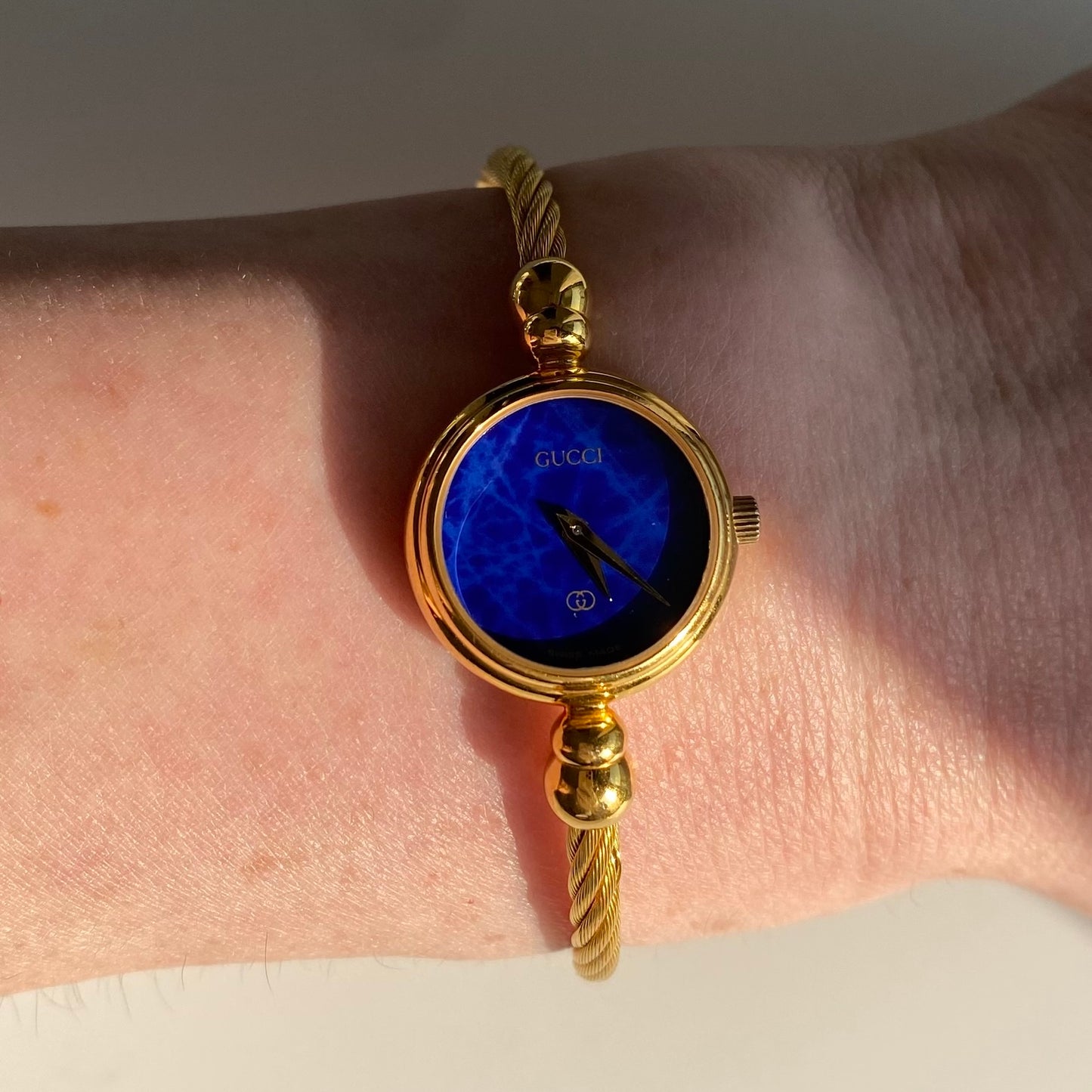 Gucci 1990s Blue Dial Gold Plated Cable Bangle Watch