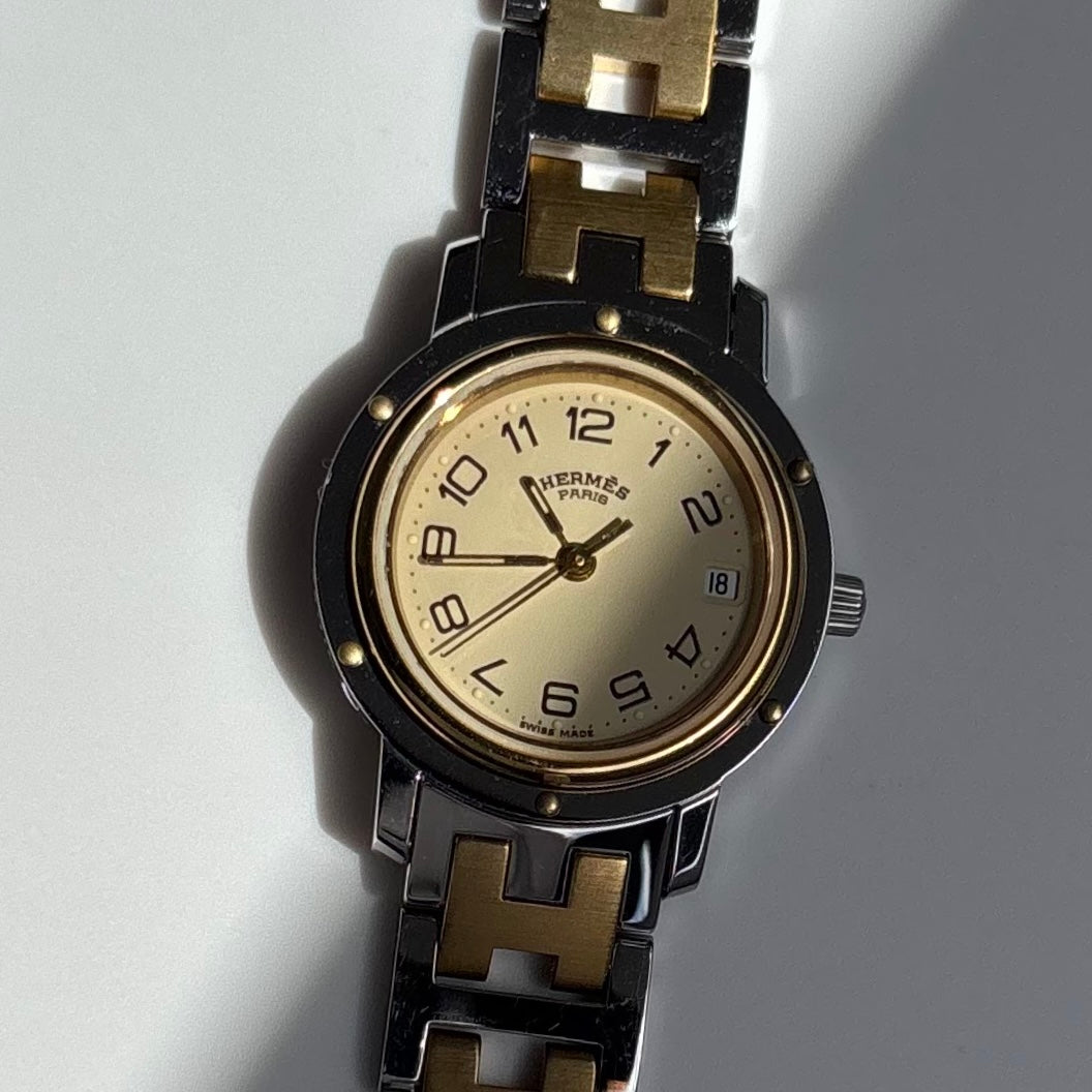 Hermes 1990s Clipper Date Round Dial Gold Plated Two Tone Watch