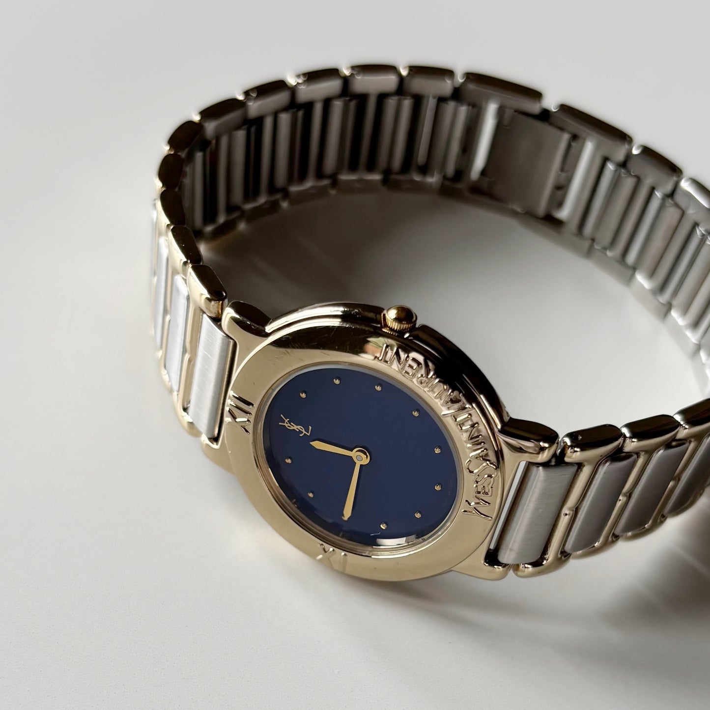 Yves Saint Laurent 1990s Navy Round Dial Two Tone Watch (Large)