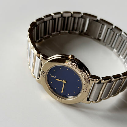 Yves Saint Laurent 1990s Navy Round Dial Two Tone Watch (Large)