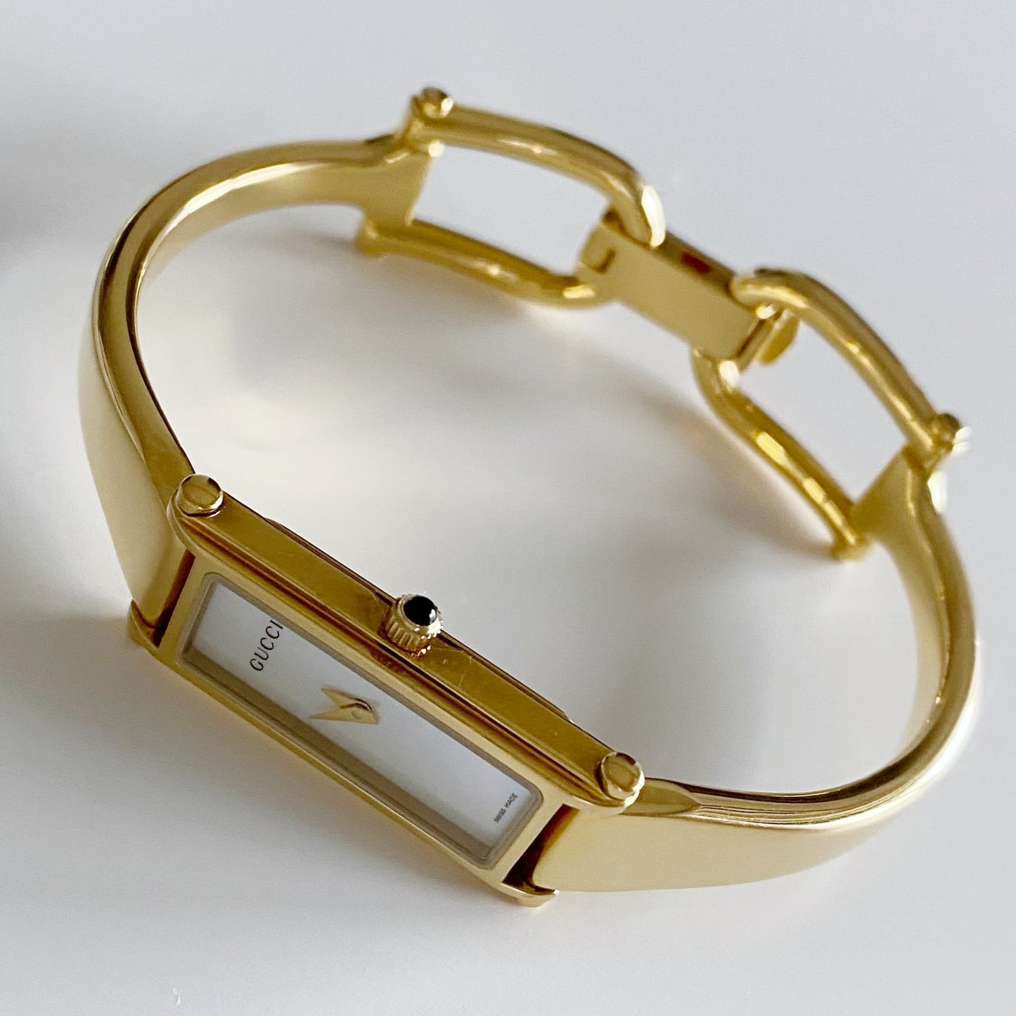 Gucci 1990s Seashell Dial Rectangular Gold Plated Bangle Watch