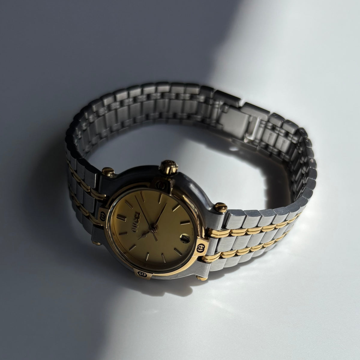 Gucci 1990s Date Round Dial Two Tone Gold Plated Watch