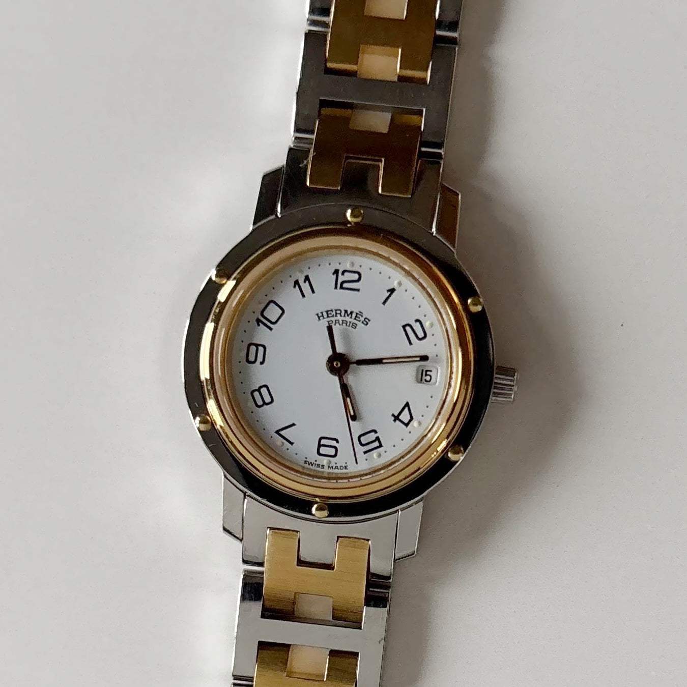 Hermes 1990s Clipper Round Dial Gold Plated Two Tone Watch