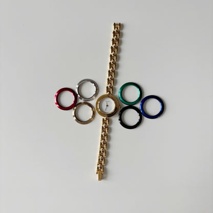 Gucci 1990s Interchangeable Bezel Gold Plated Rice Chain Watch with case, 6 bezels (160mm)