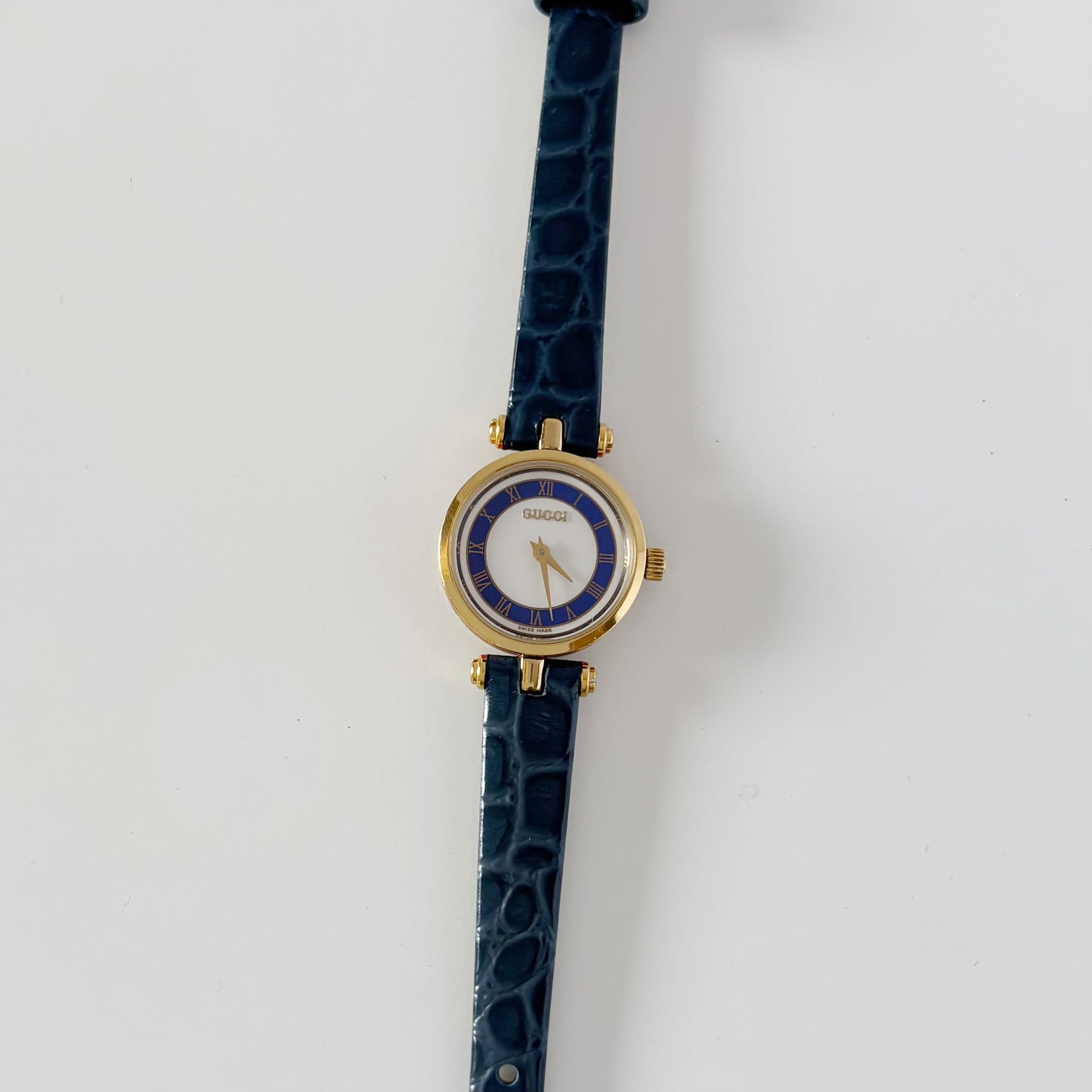 Gucci 1990s Round Dial Blue Gold Plated Watch