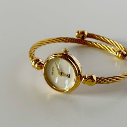 Gucci 1990s Seashell Dial Gold Plated Cable Bangle Watch