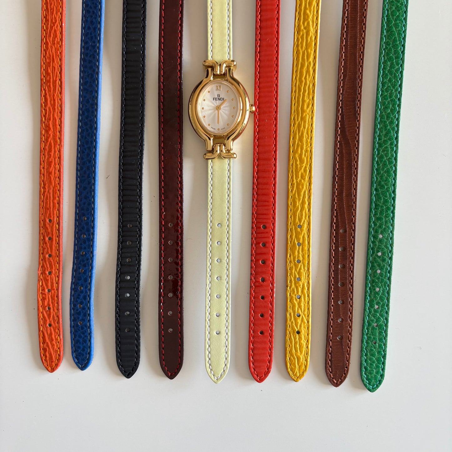 Fendi 1990s Interchangeable Strap Gold Plated Watch with 9 straps, case