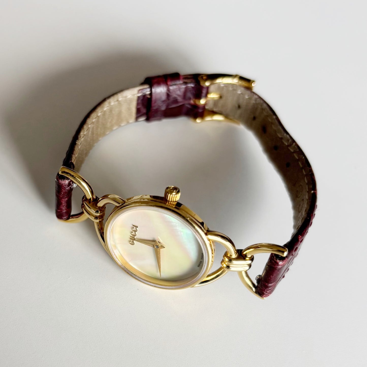 Gucci 1990s Seashell Dial Gold Plated Horsebit Watch