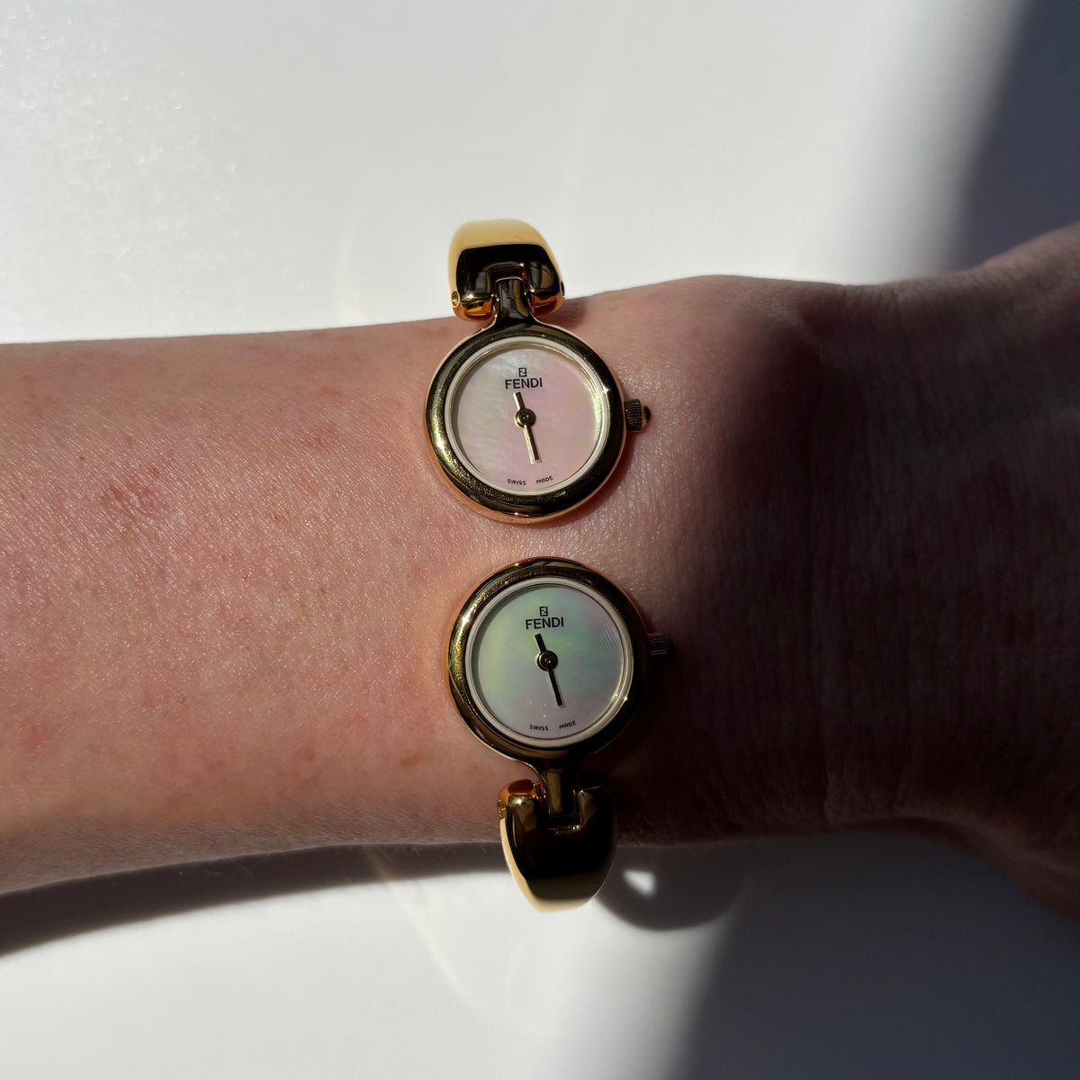 Fendi 1990s Seashell Dial Two Time Zone Gold Plated Bangle Watch